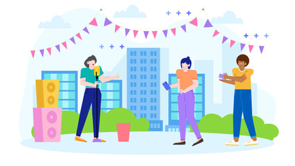 Singer performing outdoors with a photographer and audience member nearby, suitable for entertainment. Suitable for website banners, music event promotions, social media posts, and concert flyers.