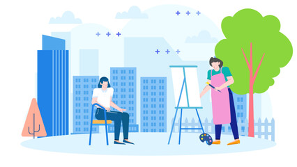 Two women painting outdoors near city buildings. Perfect for urban art, female artists, outdoor activities, and cityscape themes in design.