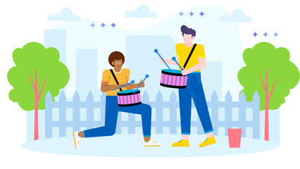 Two people playing drums outdoors near a white fence. Suitable for music and outdoor recreation concepts in marketing materials.