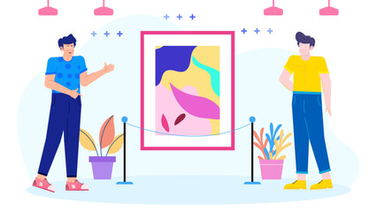 two man at gallery art exhibition, people interaction social life concept