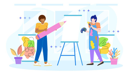 Two artists getting ready to paint with art supplies next to easel. Suitable for art classes, workshops, artistic events promotions.