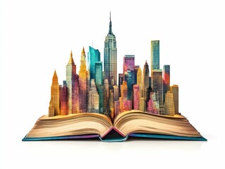 Fototapeta premium Open book revealing colorful New York City skyline