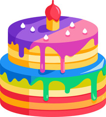 Colourful flat vector of a layered cake slices with icing drip and candle with white background.