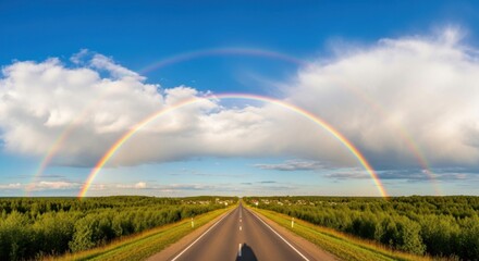 A scenic country road leads through a vibrant green forest under a beautiful double rainbow sky