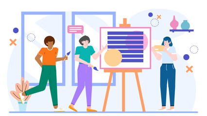 Three artists working together on an abstract painting on an easel. Collaboration, teamwork, art studio, creativity, painting workshop, artistic process.