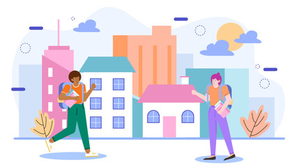 Two students carrying books near city buildings. Suitable for educational, urban, lifestyle, college, university, student themes in design projects.