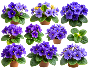 Collection of potted African violets showcasing diverse blooms and foliage in varying shades of purple