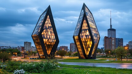 Reflective Geometric Sculptures at Dusk in a City Park