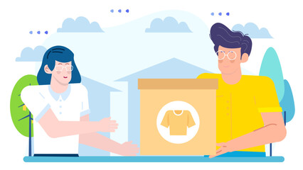 Two people bartering clothes outdoors. Suitable for charity, thrift store concept, exchanging items, community support, donation drive promotion.