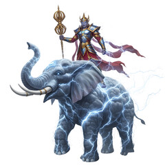 Obraz premium Fantasy illustration depicting a robed figure atop an elephant enveloped in electrical energy, with a transparent background, a regal staff
