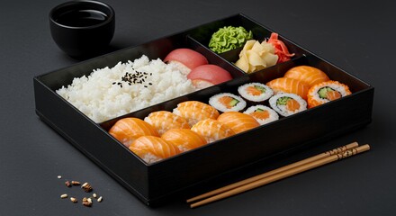 Indulge in this Exquisite Japanese Bento Box: A Feast of Fresh Sushi, Rice, and Traditional Garnishes.