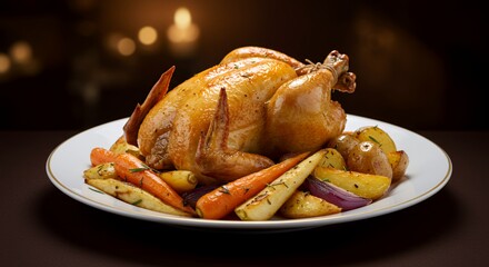 Golden-brown roasted chicken, glistening with savory juices, sits majestically on a pristine white plate, surrounded by perfectly roasted root vegetables, creating a heartwarming