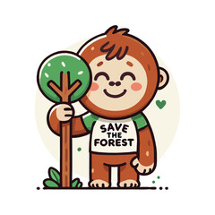 Cute Orangutan Holding Tree Cartoon Illustration for Conservation Concept Design © Ngilustrasi