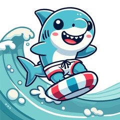 Smiling Shark Cartoon Character Surfing on Wave Vector Illustration