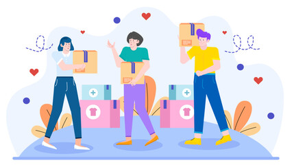 Three people carry donation boxes for a charity organization, suitable for nonprofit events, fundraising campaigns, volunteer initiatives, and community support.