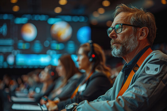 A focused, middle-aged scientist with a beard and glasses sits intently in a mission control center. Large screens displaying planetary data glow in the background as he and his team monitor a critica
