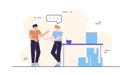 Two men converse beside boxes and table, suitable for business discussions, teamwork projects, or warehouse planning concepts.