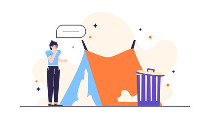 Woman deep in thought near a tent and trash can, suitable for illustrating homelessness, urban issues, vulnerability, or contemplation themes.