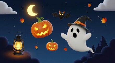 Spooky Halloween Night Scene with Pumpkins Ghost and Moon
