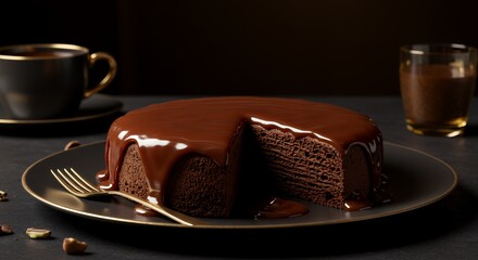 Indulge in Decadence: A Rich Chocolate Cake Drizzled with Luscious Ganache, Served with a Cup of Coffee for the Ultimate Chocolate Lover's Experience.