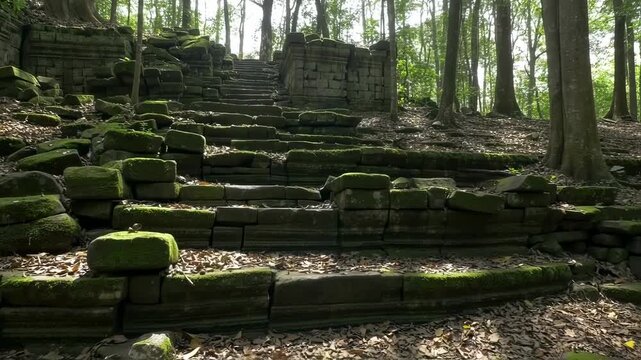 Exploring Ancient Ruins Stone Steps Covered in Moss in Tropical Forest