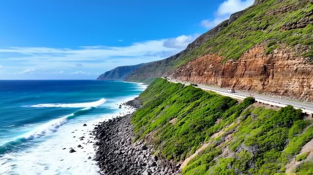 Scenic Coastal Highway Drive Along the Rugged Cliffs and Turquoise Ocean, Hawaii