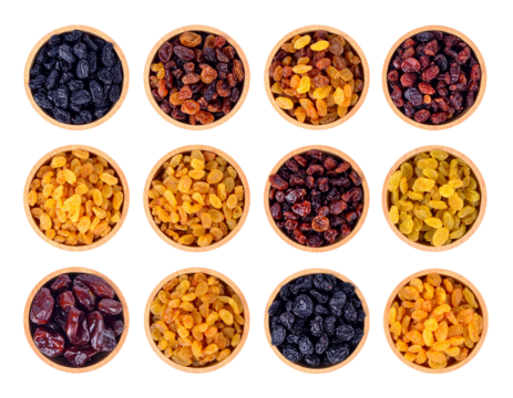 Twelve bowls showcase a variety of dried grapes, exhibiting diverse colors and sizes