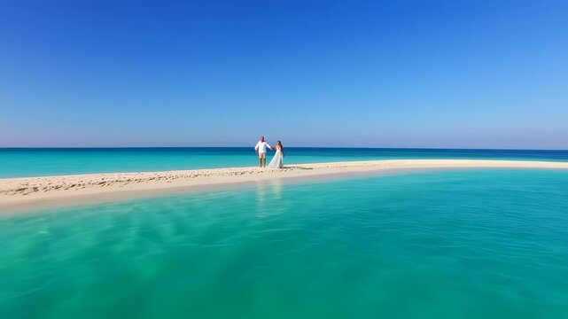 Romantic getaway, couple enjoying a serene beach escape, love and turquoise sea, summer vacation