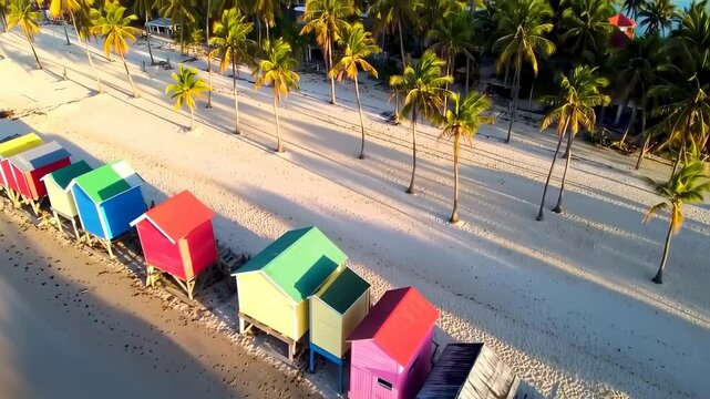 Colorful Beach Huts stand in a row on a tropical beach in Durban South Africa