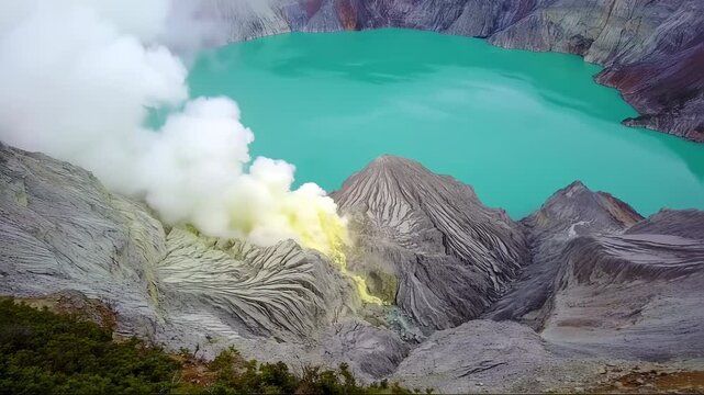 Spectacular View of Ijen Volcano Crater Lake in Indonesia with Smoke