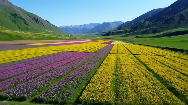 Aerial View of Vast Flower Fields in a Valley Landscape Scenery