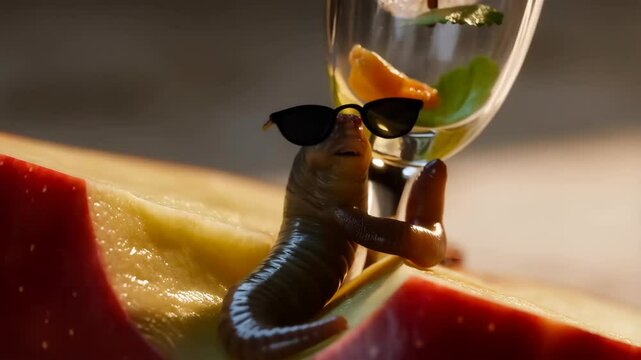 Funny animated worm with sunglasses relaxing on apple slice while hugging cocktail glass &mdash; surreal insect vacation concept, close-up macro