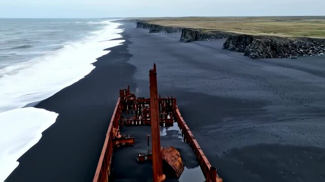 Aerial View of the Abandoned Ship on Iceland's Black Sand Beach Coastline, Cinematic Drone Footage