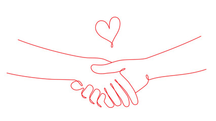握手する手とハートの一筆書きイラスト　線画　ラインアート　赤
