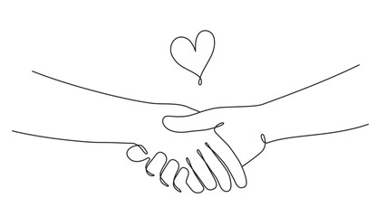 握手する手とハートの一筆書きイラスト　線画　ラインアート　黒