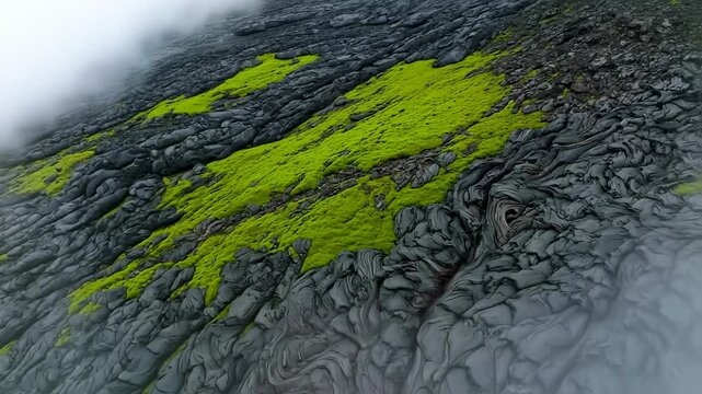 Aerial View of Volcanic Landscape with Moss and Cloud Formations Iceland