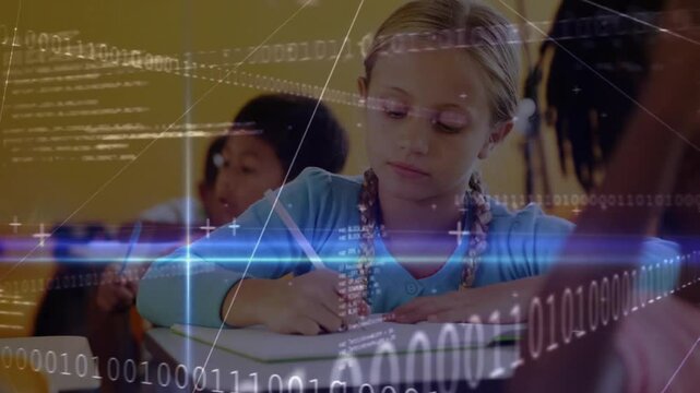 Schoolgirl writing notebook as binary code overlay intensifying, pausing and smiling at teacher