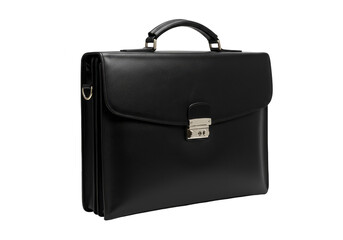 Isolated Black Leather Briefcase Bag with Handle Business on Transparent