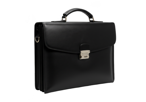 Isolated Black Leather Briefcase Bag with Handle Business on Transparent - Powered by Adobe