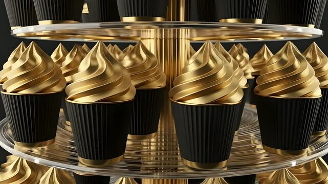 Luxury gold dessert display! Elegant swirls on a tiered stand. Perfect for high-end events, catering services, fancy pastries, celebratory sweets, and sophisticated treats visuals.
