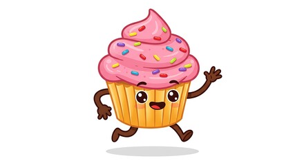 Cheerful cartoon cupcake character running with sprinkles and pink frosting