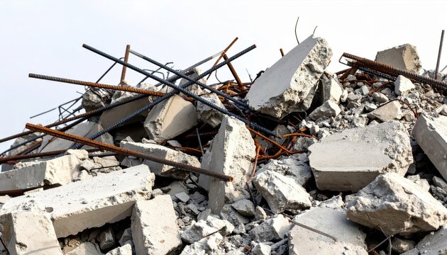 Pile of rubble featuring broken concrete and rebar under a cloudy sky at a demolition site