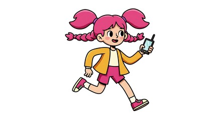Fototapeta premium Cartoon girl running with mobile phone in hand on white background
