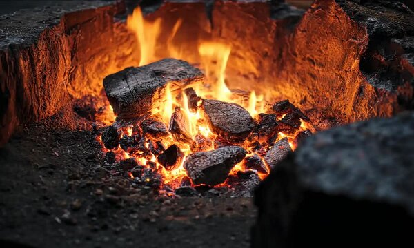 Burning fire pit rocks outdoor