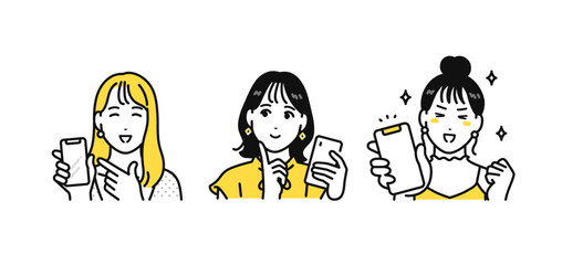 Obraz na płótnie Canvas スマホ 喜ぶ 若い女性 アイコン イラスト セット
