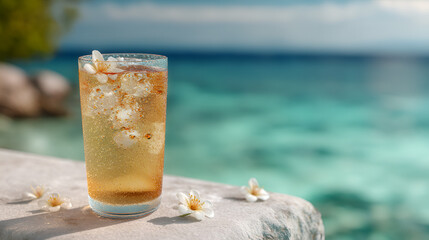 Refreshing ice beverage with flowers by the ocean, a tranquil scene of relaxation and summer vacation.