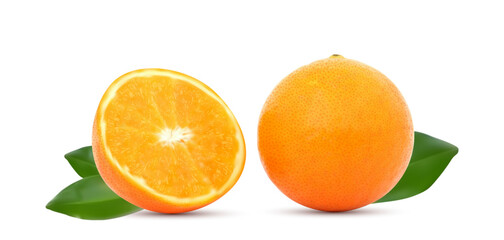 Realistic half orange and a whole orange with leaves isolated on a white background. 3d half orange and whole orange isolated on a white backdrop