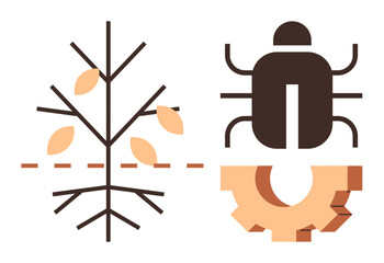 Minimalist illustration of a leafless tree, falling leaves, beetle, and gear symbolizing deforestation, pest invasion, eco-tech, climate impact. Ideal for nature, ecology industry conservation