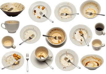 Isolated Transparent Background of Dirty Food Plate Bowls and Dishes