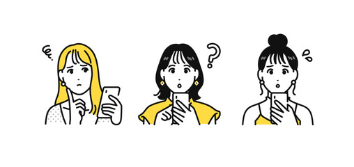 スマホ 悩む 若い女性 アイコン イラスト セット